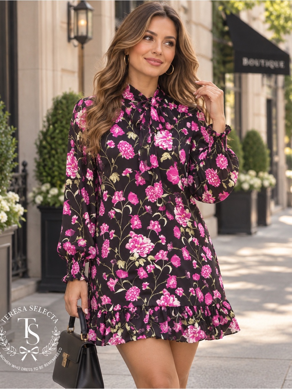 NWT CeCe Black Pink Floral Tie Neck Ruffle Hem Dress Size L